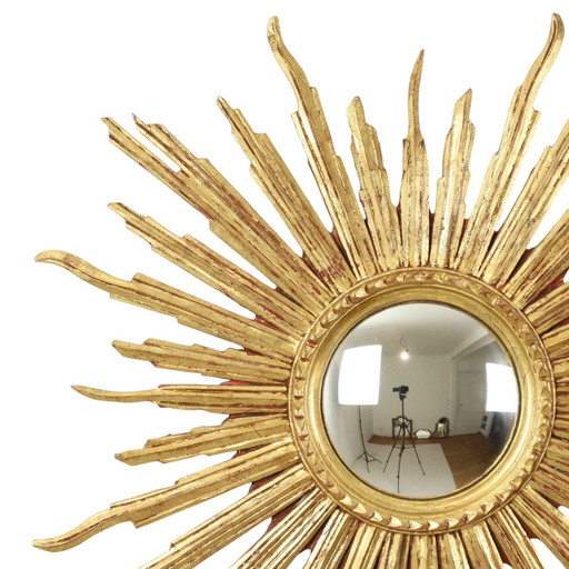 Grand miroir solaire en bois à feuilles d'or