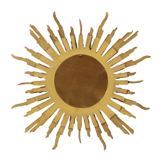 Image 1 of Grand miroir solaire en bois à feuilles d'or