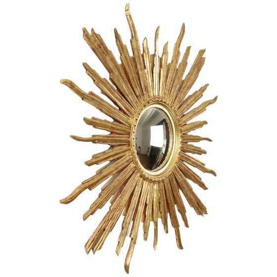 Image 1 of Grand miroir solaire en bois à feuilles d'or