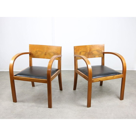 Image 1 of Paire de fauteuils Art Déco vintage en bois et simili cuir noir, Italie