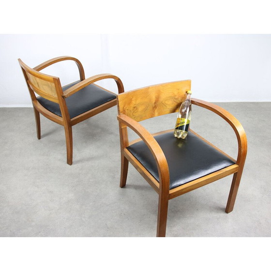 Image 1 of Paire de fauteuils Art Déco vintage en bois et simili cuir noir, Italie