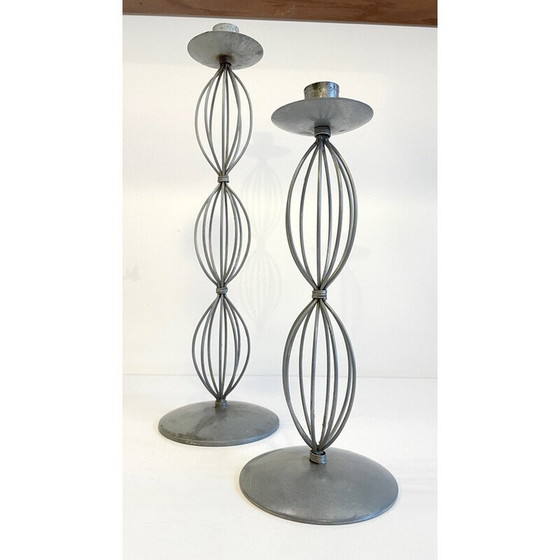 Image 1 of Paire de bougeoirs vintage en métal gris patiné, 2000