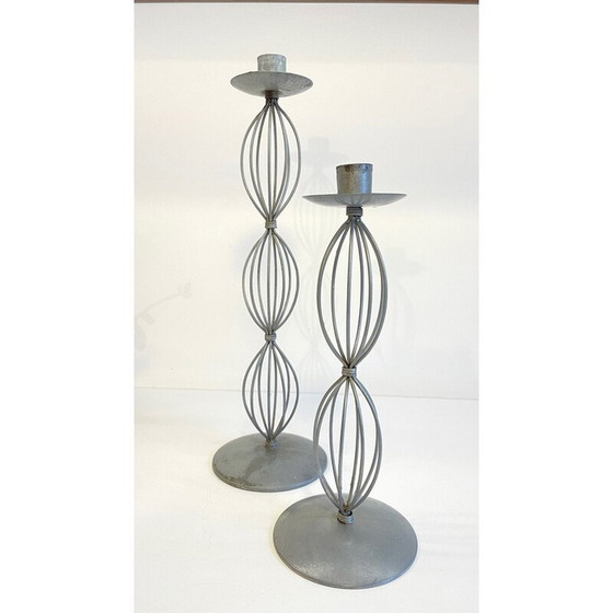 Image 1 of Paire de bougeoirs vintage en métal gris patiné, 2000