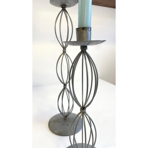Image 1 of Paire de bougeoirs vintage en métal gris patiné, 2000