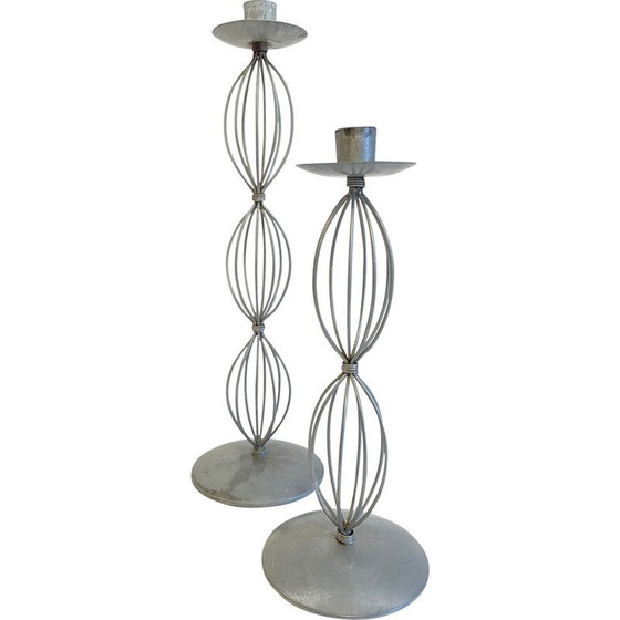 Image 1 of Paire de bougeoirs vintage en métal gris patiné, 2000