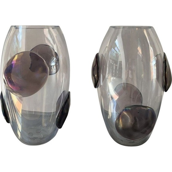 Image 1 of Paire de vases vintage avec pastilles de parme en verre de Murano par Costantini, 1990
