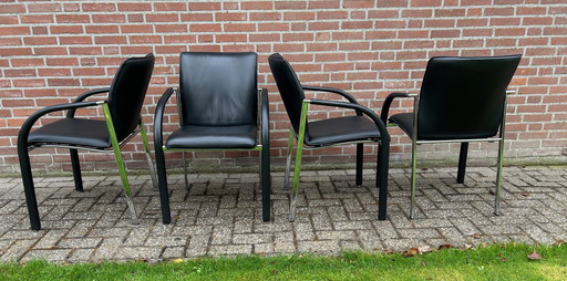 4X chaises de salle à manger Leolux Cimaronne en cuir noir.