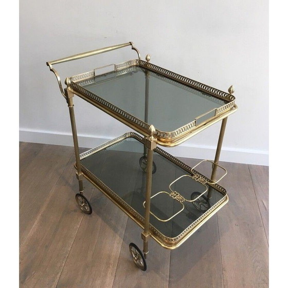 Image 1 of Table roulante vintage en laiton et verre bleuté pour La Maison Jansen, France 1940