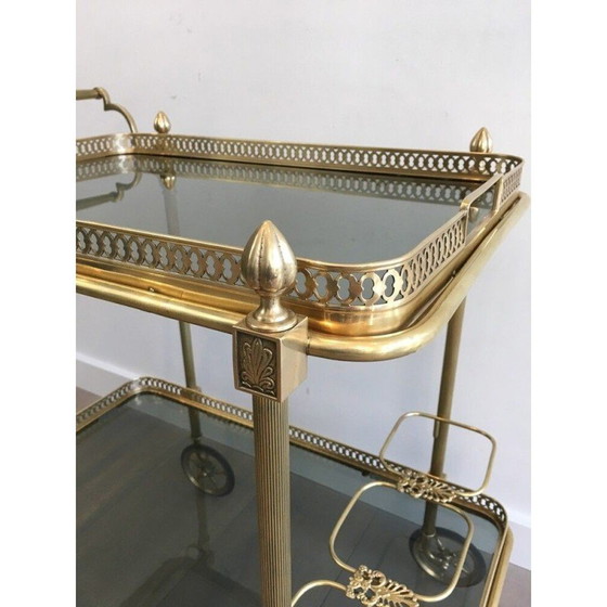 Image 1 of Table roulante vintage en laiton et verre bleuté pour La Maison Jansen, France 1940