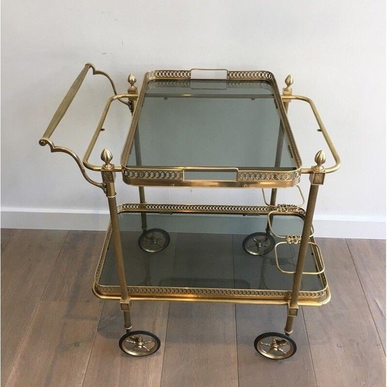 Image 1 of Table roulante vintage en laiton et verre bleuté pour La Maison Jansen, France 1940