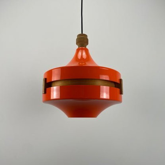 Image 1 of Lampe pendante scandinave en forme d'ovni - Plexiglas orange, 1970