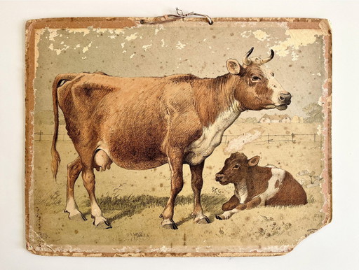 Illustration de la carte scolaire d'Antik, double face, cheval/bœuf et vache/veau, lithographie, vie agricole, Shabby Chic