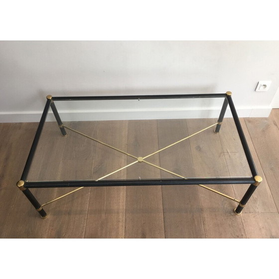 Image 1 of Table basse vintage en laiton recouverte de cuir noir, 1970