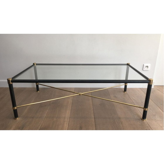 Image 1 of Table basse vintage en laiton recouverte de cuir noir, 1970