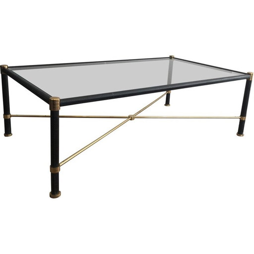 Table basse vintage en laiton recouverte de cuir noir, 1970