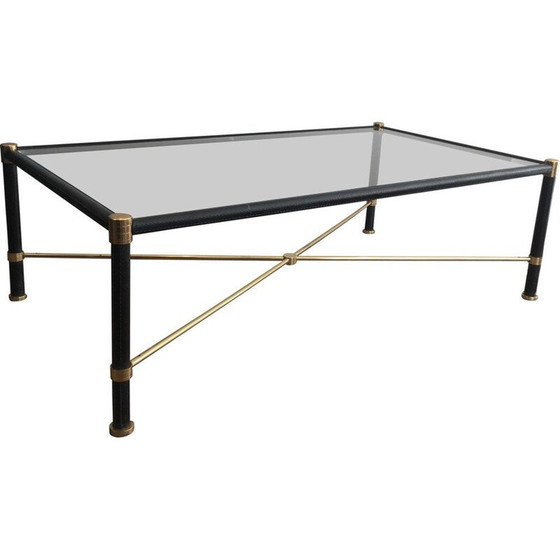 Image 1 of Table basse vintage en laiton recouverte de cuir noir, 1970