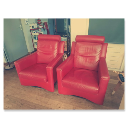 2x Fauteuil Leolux Cuir Rouge Chaud