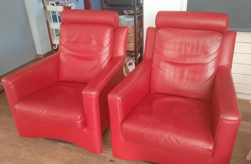 2x Fauteuil Leolux Cuir Rouge Chaud