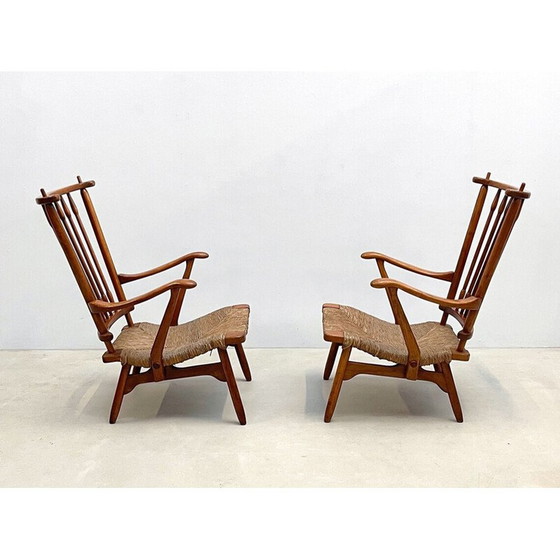 Image 1 of Paire de fauteuils scandinaves du milieu du siècle en bois et paille, années 1960.