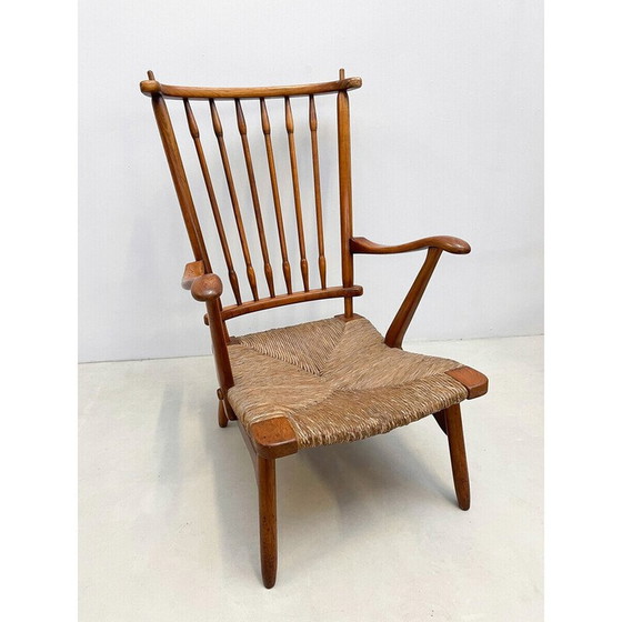 Image 1 of Paire de fauteuils scandinaves du milieu du siècle en bois et paille, années 1960.