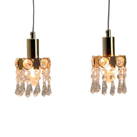 Image 1 of Deux Suspensions En Laiton Doré Et Cristal, Par Palwa, Design 1960, Hollywood Regency.