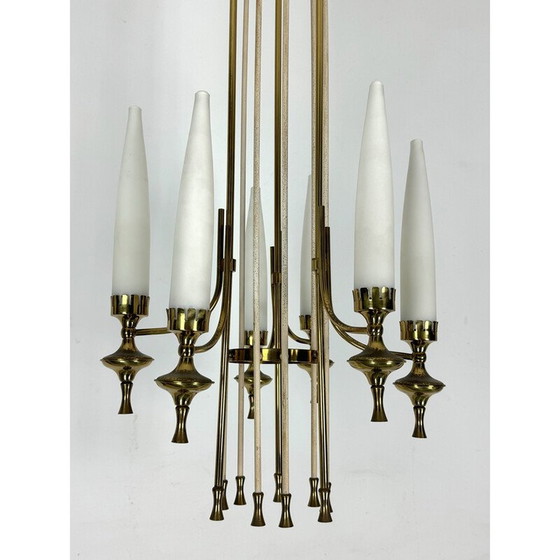 Image 1 of Ensemble de 6 lustres vintage en laiton et verre opalin pour Arredoluce Monza, Italie 1950