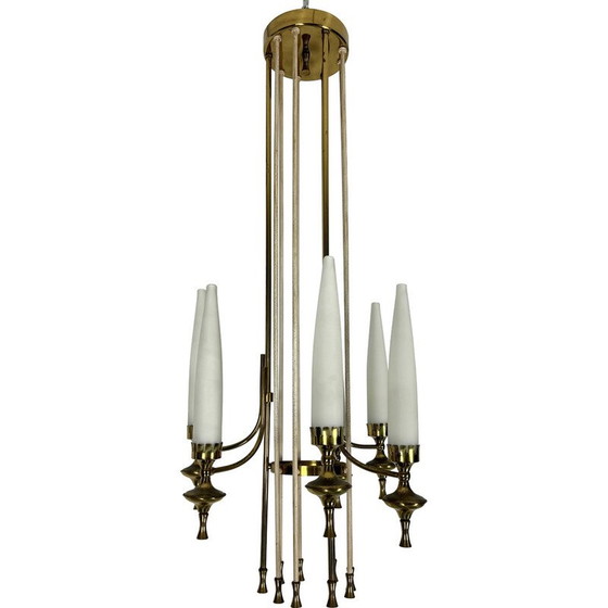 Image 1 of Ensemble de 6 lustres vintage en laiton et verre opalin pour Arredoluce Monza, Italie 1950