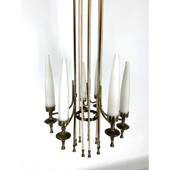 Image 1 of Ensemble de 6 lustres vintage en laiton et verre opalin pour Arredoluce Monza, Italie 1950