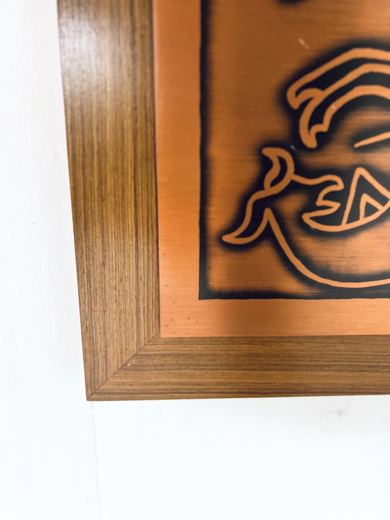 Image 1 of Panneau mural vintage teck et cuivre années 70