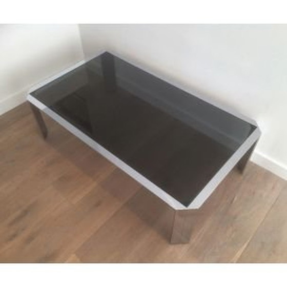 Image 1 of Table basse vintage française en verre et acier, 1970