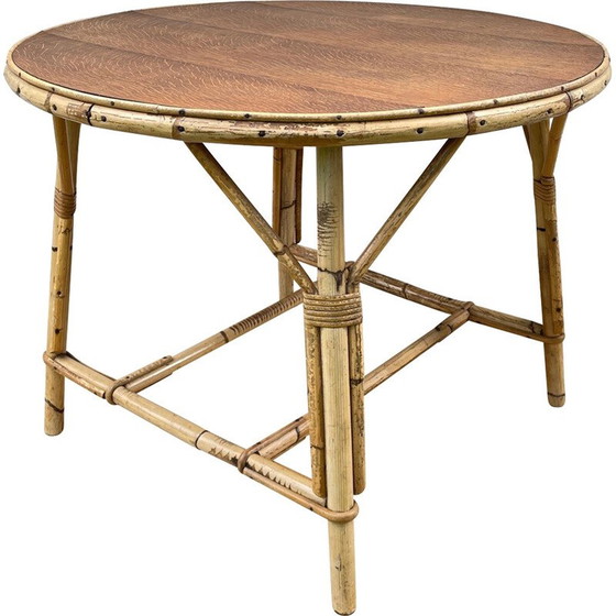 Image 1 of Table basse ronde vintage en rotin et chêne