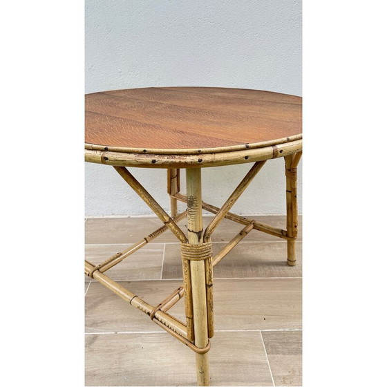 Image 1 of Table basse ronde vintage en rotin et chêne