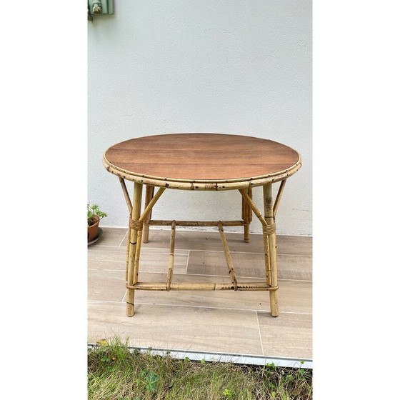 Image 1 of Table basse ronde vintage en rotin et chêne