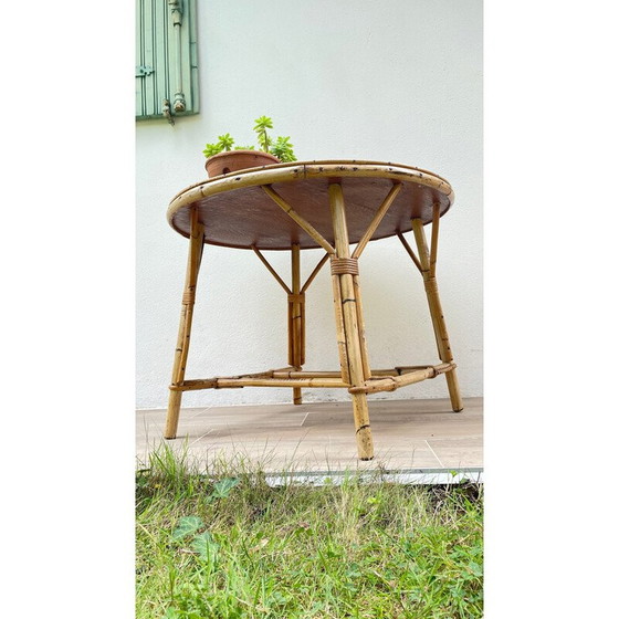 Image 1 of Table basse ronde vintage en rotin et chêne
