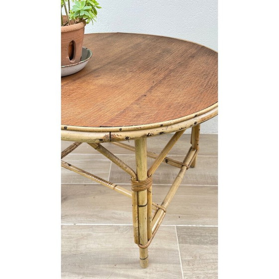 Image 1 of Table basse ronde vintage en rotin et chêne