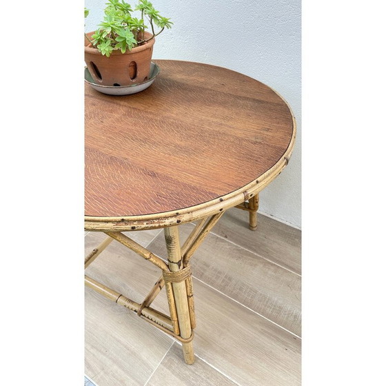 Image 1 of Table basse ronde vintage en rotin et chêne