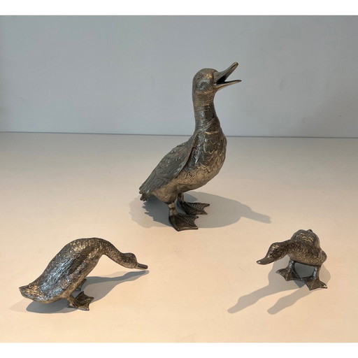 Ensemble de 3 canards vintage en bronze argenté, 1970