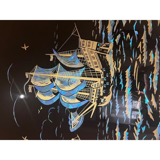 Image 1 of Peinture vintage sur verre avec cadre en bois, années 1940-1950