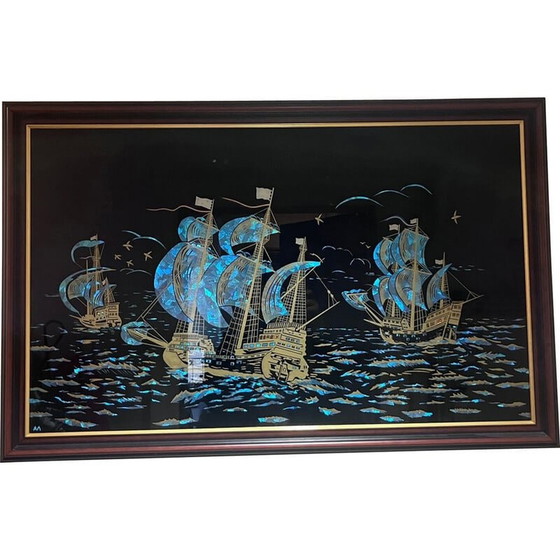 Image 1 of Peinture vintage sur verre avec cadre en bois, années 1940-1950
