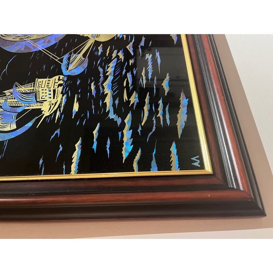 Image 1 of Peinture vintage sur verre avec cadre en bois, années 1940-1950