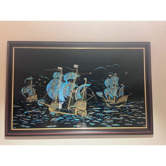 Image 1 of Peinture vintage sur verre avec cadre en bois, années 1940-1950