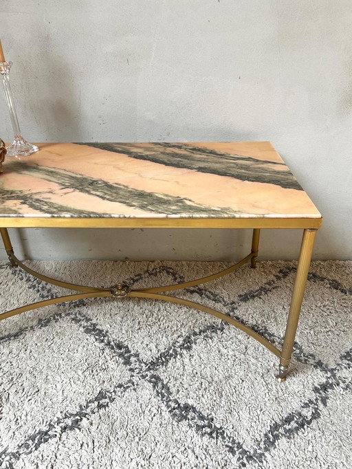 Table basse en marbre rose et anthracite avec base en métal néoclassique