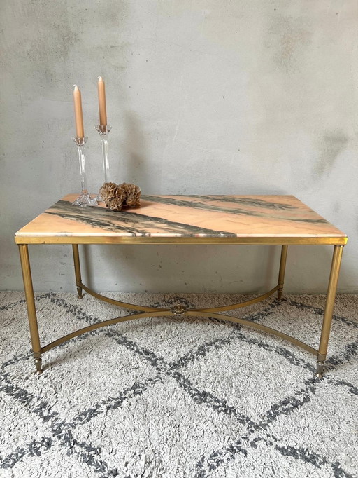 Table basse en marbre rose et anthracite avec base en métal néoclassique