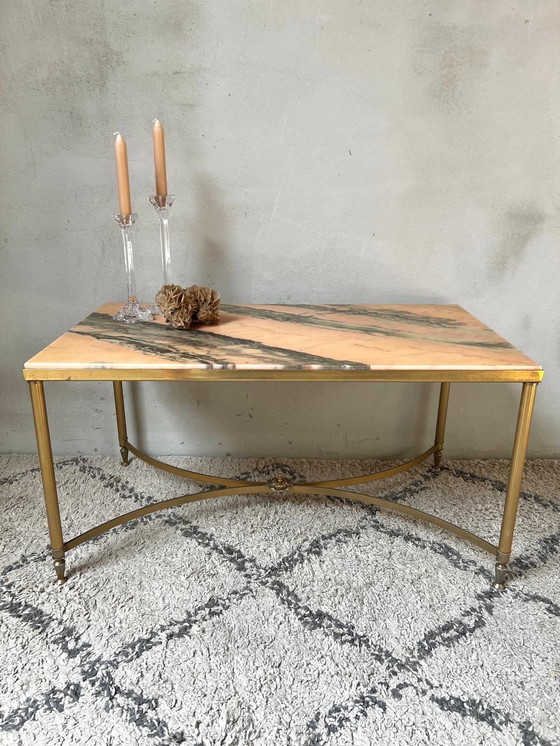 Image 1 of Table basse en marbre rose et anthracite avec base en métal néoclassique