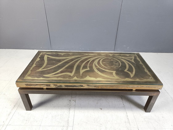 Image 1 of Table basse vintage en laiton gravé dans le style de Willy Daro, 1970S