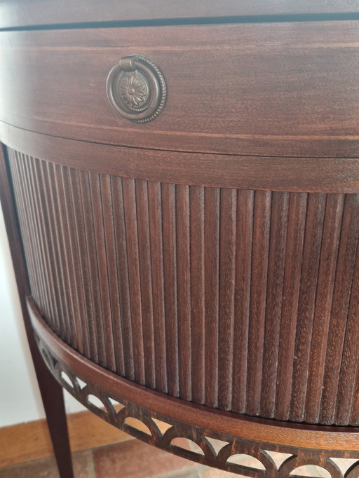 Ancienne armoire demi-lune à portes roulantes, table murale à portes roulantes et 2 tiroirs, table d'appoint