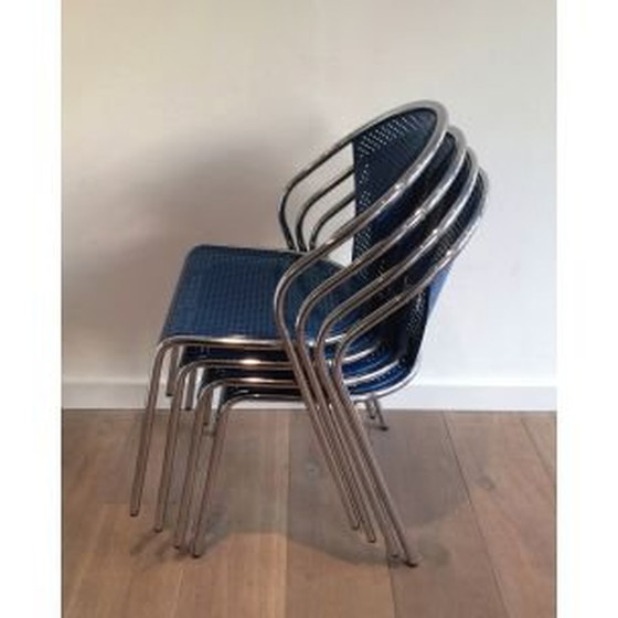 Image 1 of Ensemble de 4 chaises vintage en chrome et métal bleu perforé années 1980