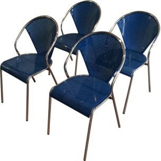 Image 1 of Ensemble de 4 chaises vintage en chrome et métal bleu perforé années 1980
