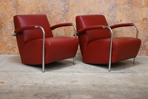 2 fauteuils Leolux Scylla Design en cuir rouge