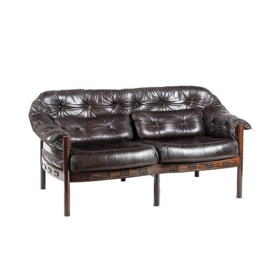 Image 1 of Canapé vintage en teck et cuir marron, Suède 1970